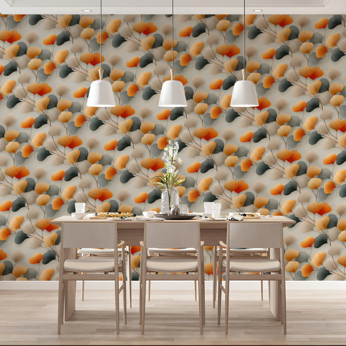 Autumn Ginkgo Leaf Mural Wallpaper — Muted Orange and Teal Mural Wallpaper - pure wallpaper artwork
