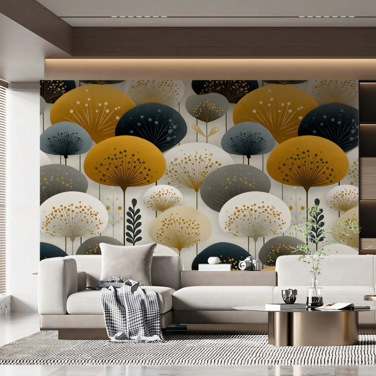 Abstract Dandelion Meadow Mural Wallpaper — Mustard and Charcoal Mural Wallpaper - pure wallpaper artwork