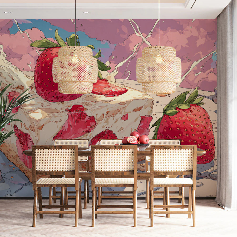 Strawberry Cake Dream Mural Wallpaper — Whimsical Fruity Design Mural Wallpaper