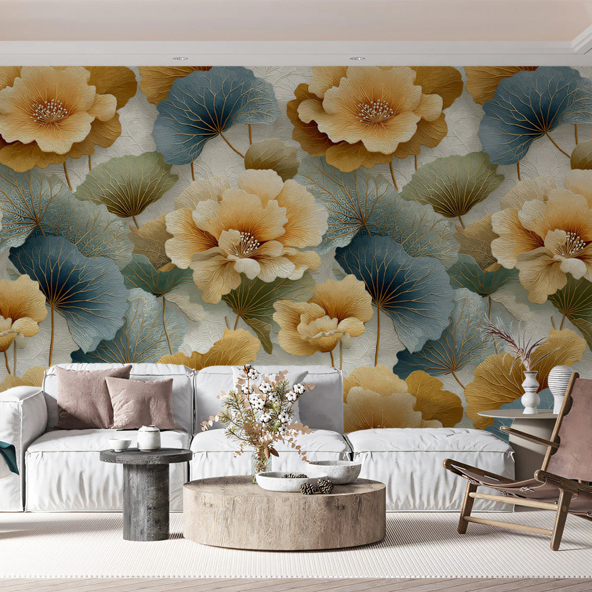 Lotus Fan Botanical Mural Wallpaper — Gold and Teal Garden Mural Wallpaper - pure wallpaper artwork