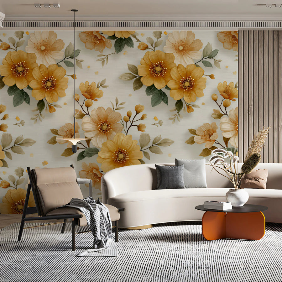 Golden Floral Harvest Mural Wallpaper — Vintage Botanic Charm Mural Wallpaper