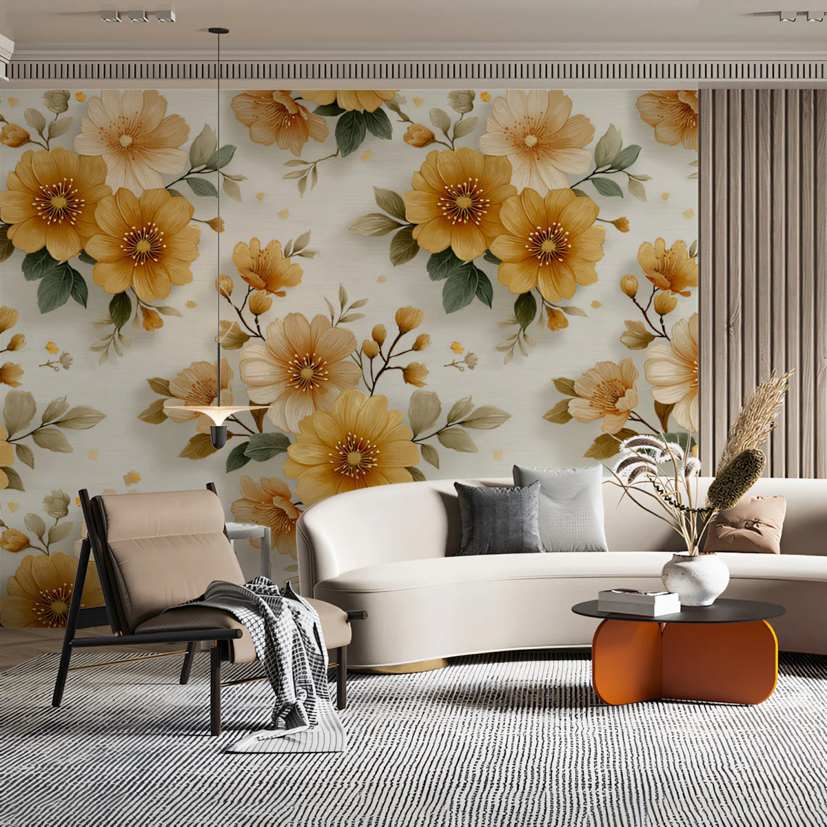 Golden Floral Harvest Mural Wallpaper — Vintage Botanic Charm Mural Wallpaper - pure wallpaper artwork