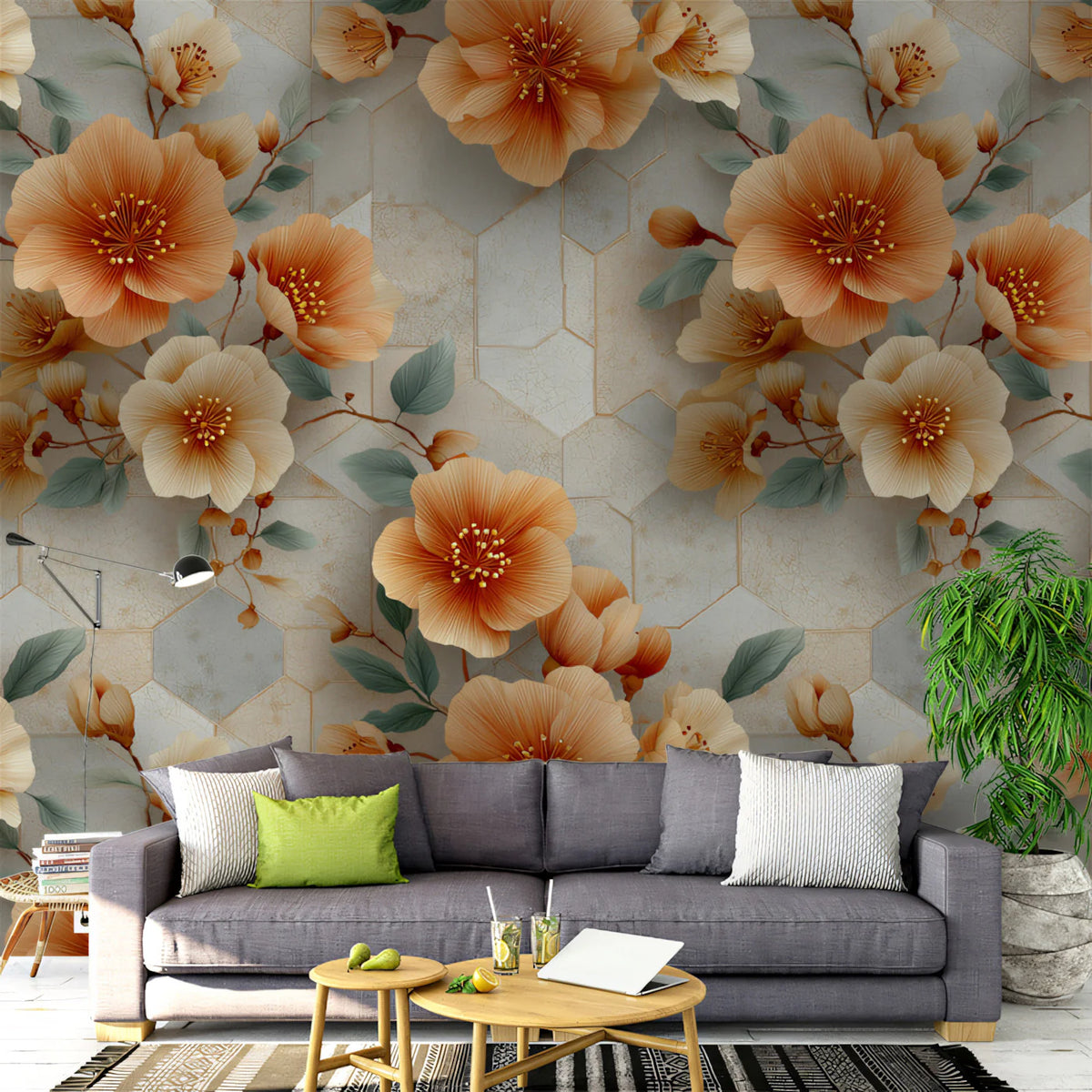 Apricot Floral Tile Mural Wallpaper — Geometric Botanical Print Mural Wallpaper - pure wallpaper artwork