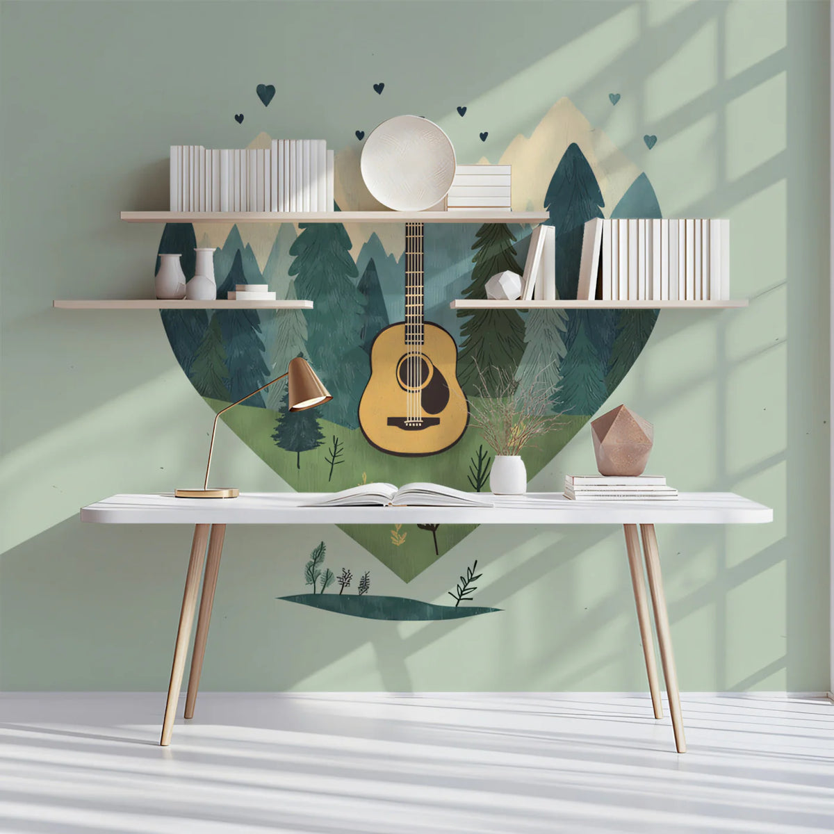 Acoustic Guitar Heartscape Mural Wallpaper — Whimsical Nature Scene Mural Wallpaper - pure wallpaper artwork