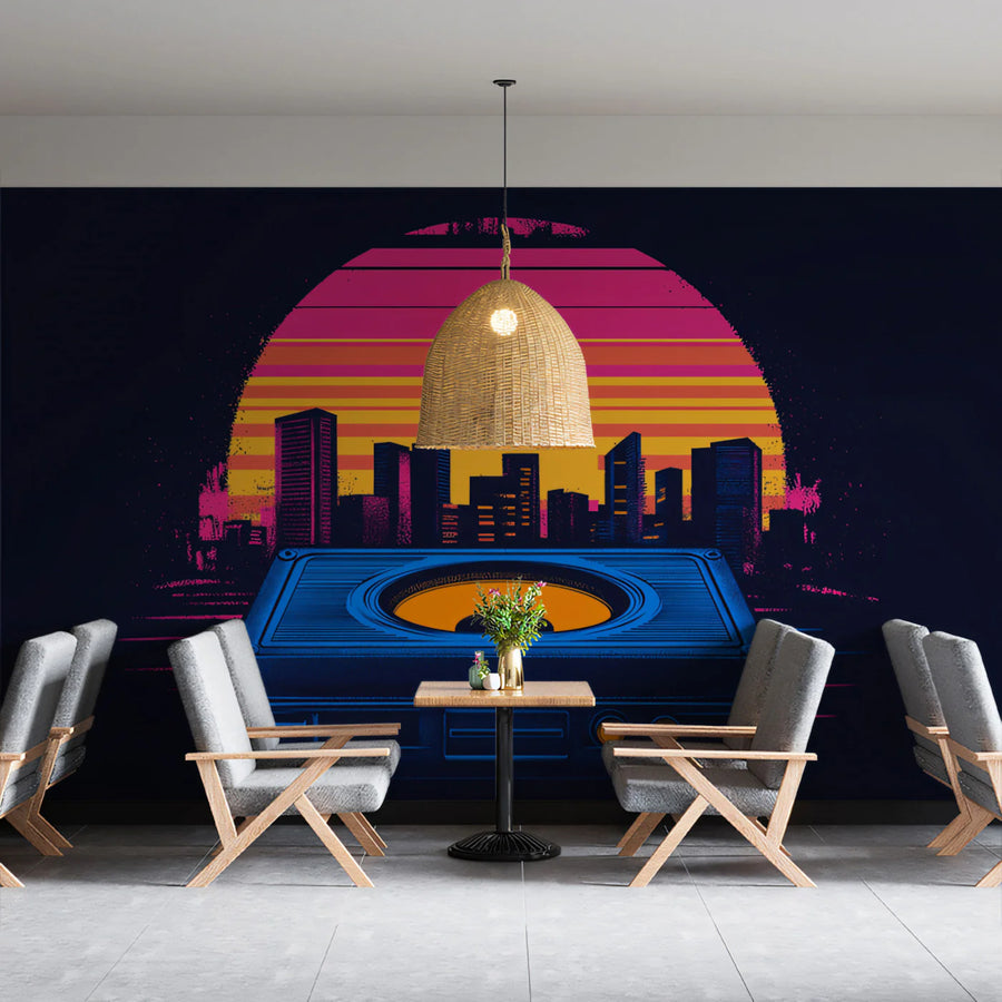 Retro Audio Cityscape Mural Wallpaper — Synthwave Neon Horizon Mural Wallpaper