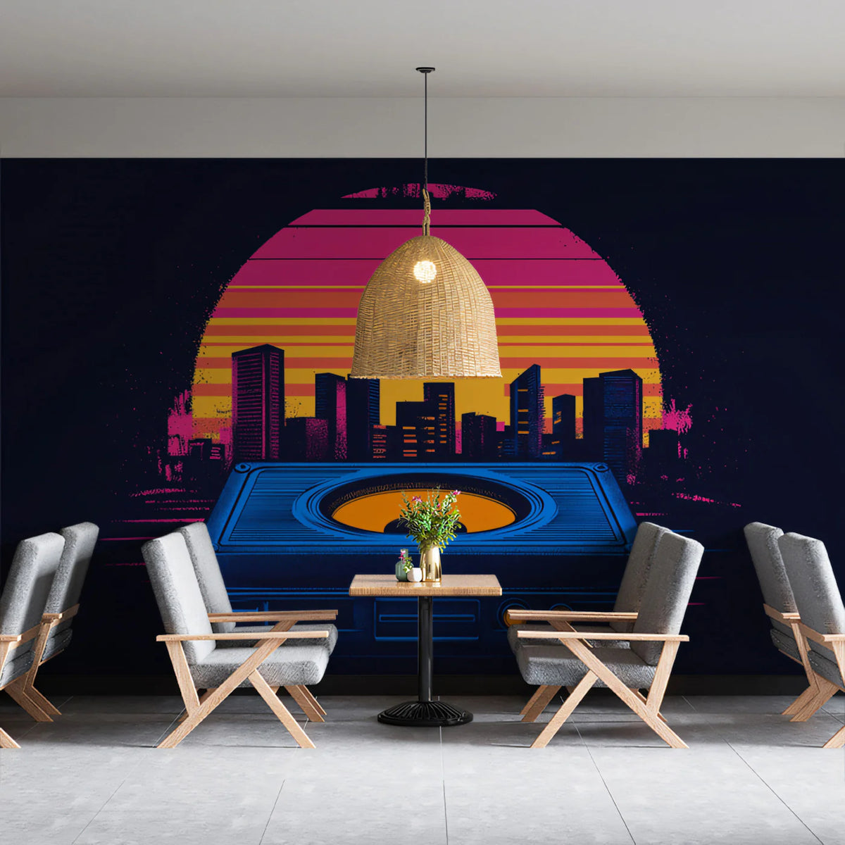 Retro Audio Cityscape Mural Wallpaper — Synthwave Neon Horizon Mural Wallpaper - pure wallpaper artwork