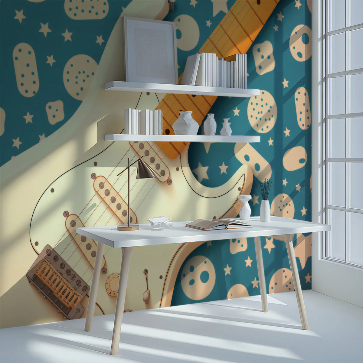 Electric Guitar & Stars Pattern Mural Wallpaper Retro Pop Music Mural Wallpaper - pure wallpaper artwork