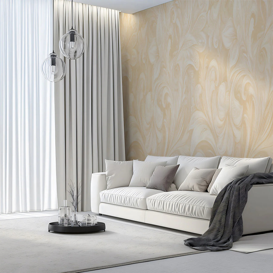 Cream Floral Scroll Mural Wallpaper — Soft Monochromatic Design Mural Wallpaper