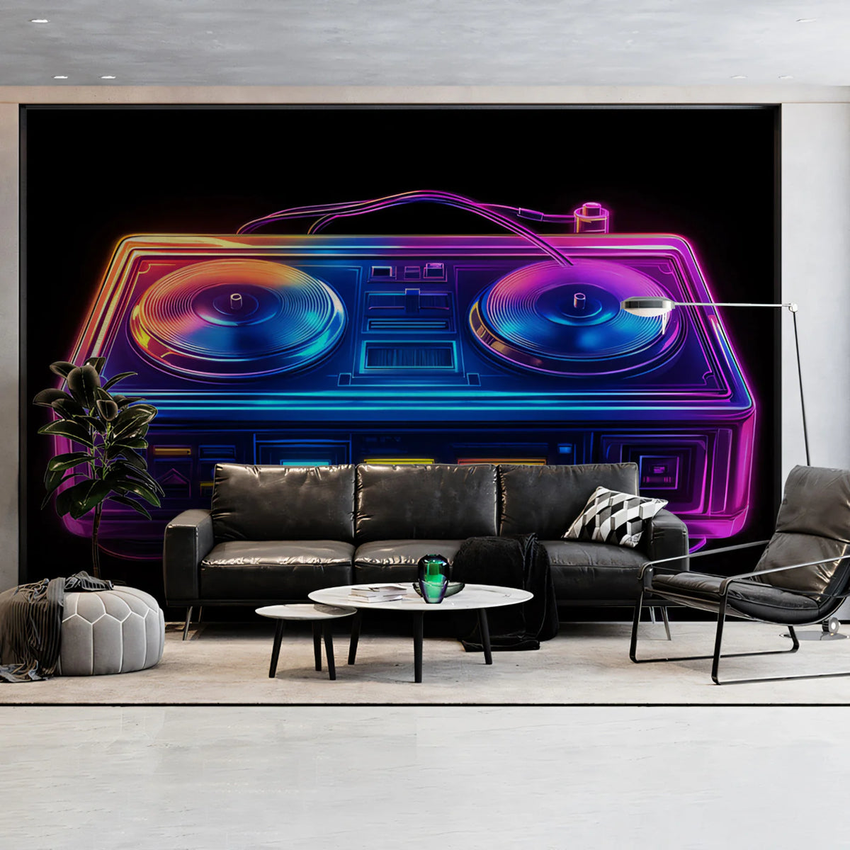 Neon DJ Turntable Mural Wallpaper — Retro Soundscape Art Mural Wallpaper - pure wallpaper artwork