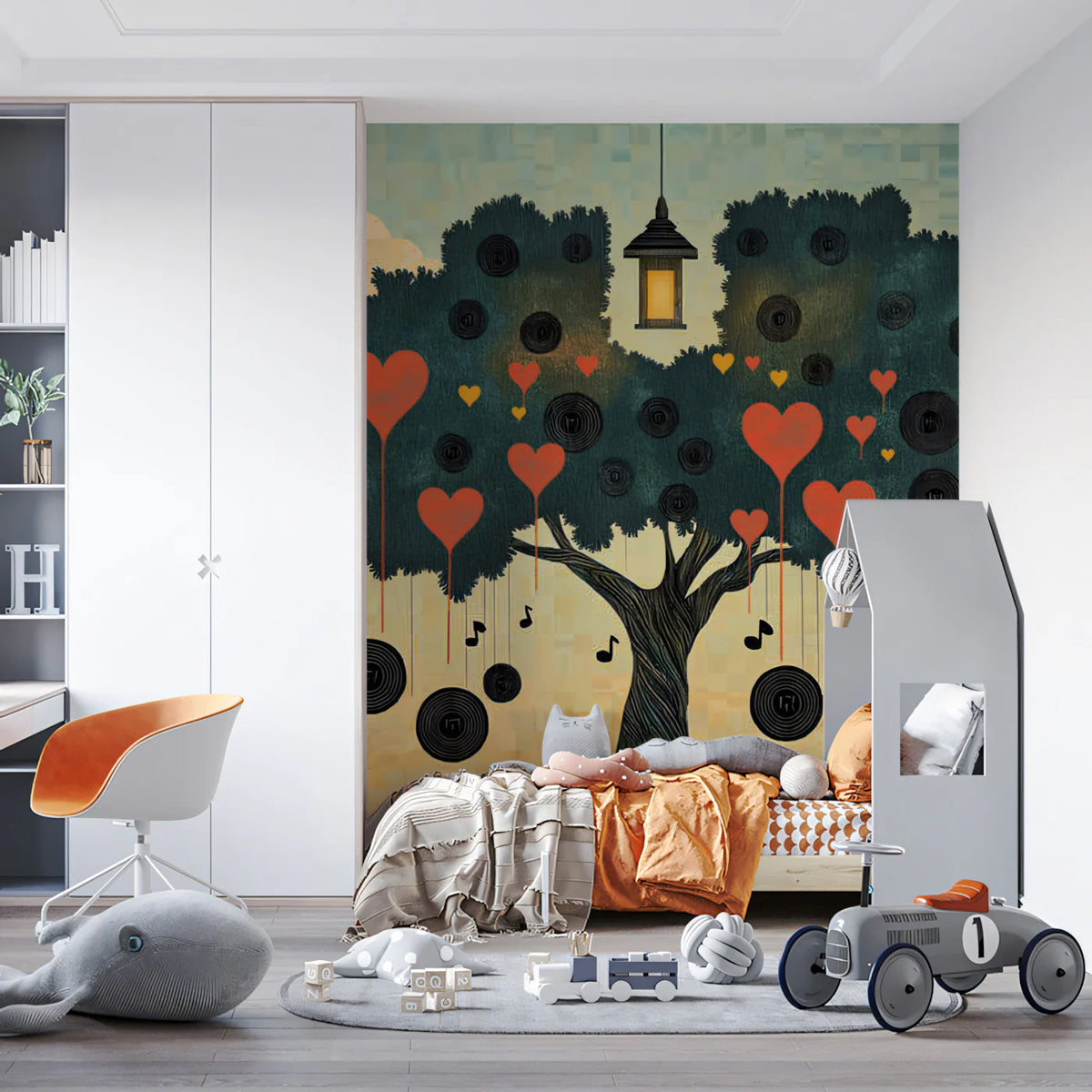 Vinyl Record Tree Mural Wallpaper — Whimsical Folk Art Design Mural Wallpaper - pure wallpaper artwork