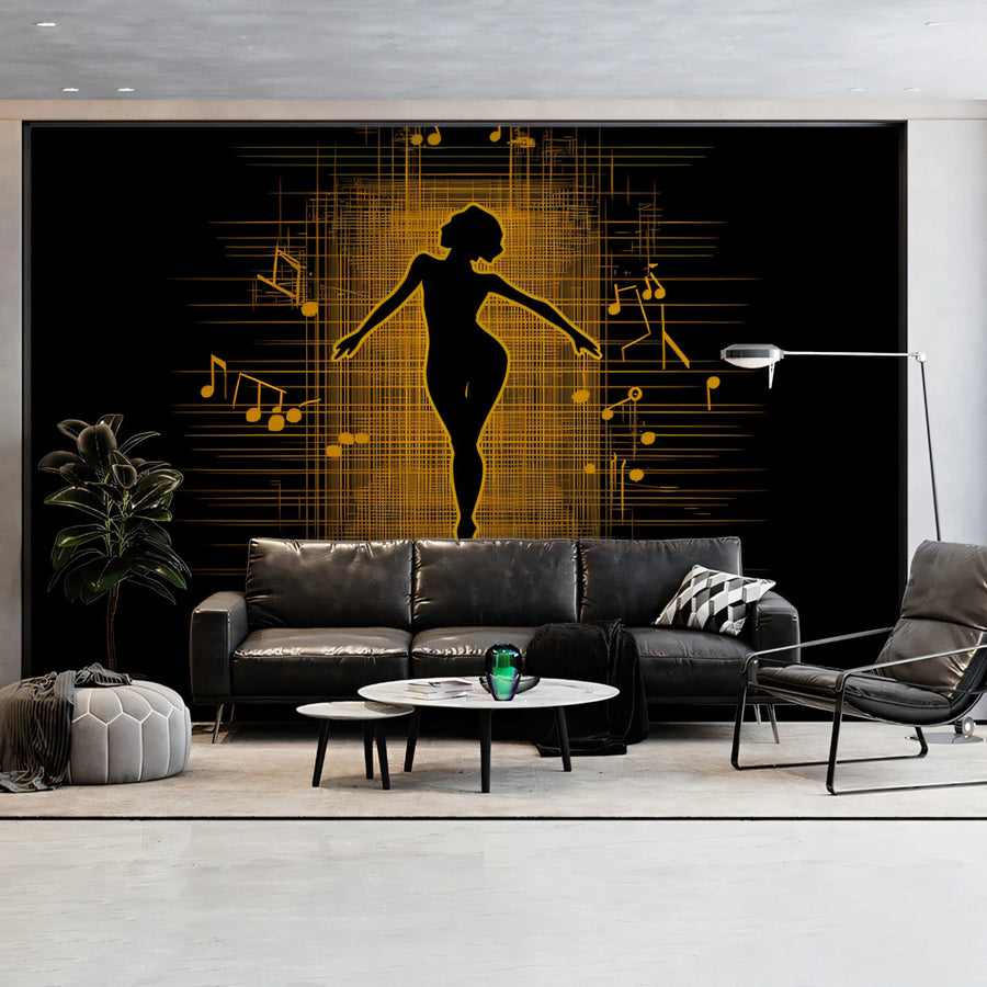 Golden Dancer Silhouette Music Mural Wallpaper — Abstract Art Mural Wallpaper