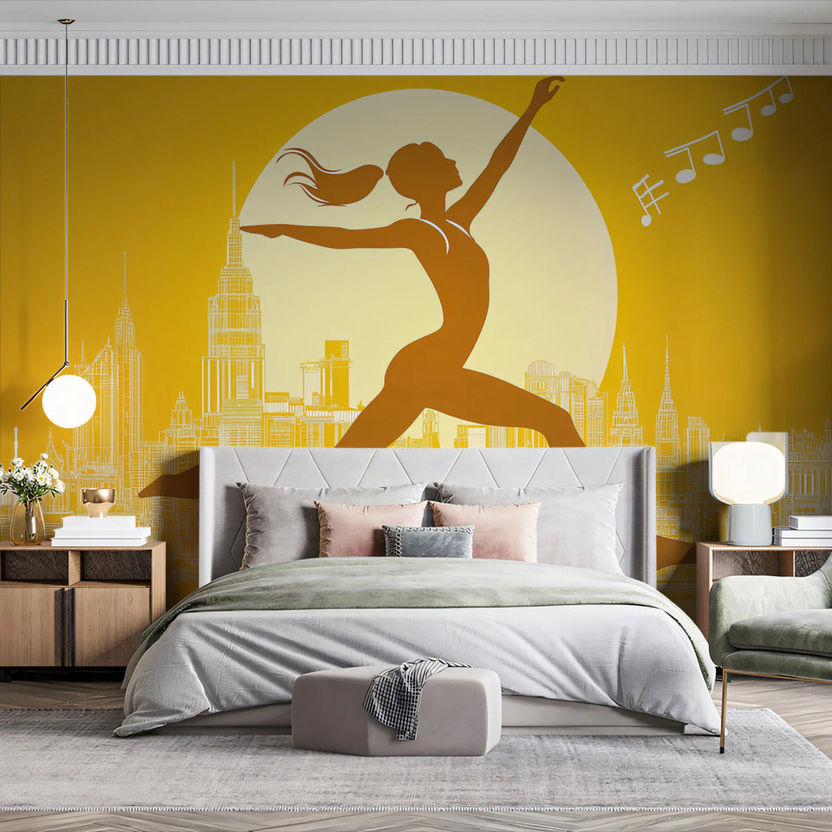 Urban Dancer Mural Wallpaper — Golden Skyline Silhouette Mural Wallpaper - pure wallpaper artwork