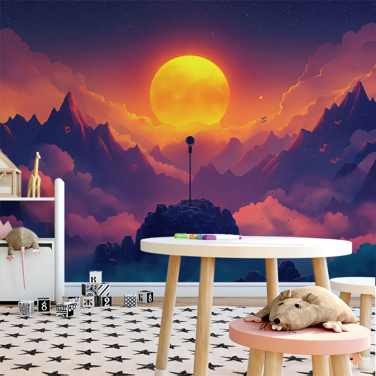 Golden Sunset Mountain Mural Wallpaper — Vivid Celestial Radiance Mural Wallpaper - pure wallpaper artwork