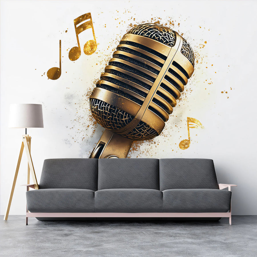 Vintage Golden Microphone Mural Wallpaper — Musical Art Deco Style Mural Wallpaper
