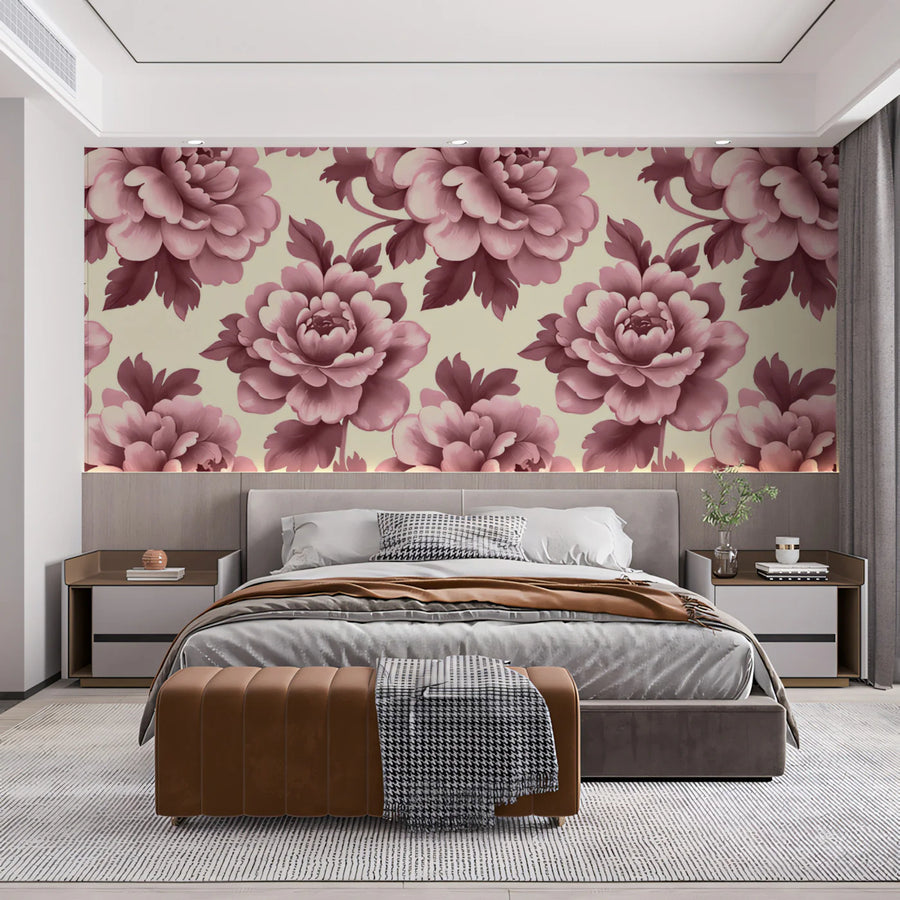 Dusty Rose Peony Bloom Mural Wallpaper — Vintage Floral Style Mural Wallpaper