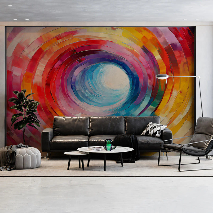 Chromatic Vortex Mural Wallpaper — Painterly Circular Abstract Mural Wallpaper