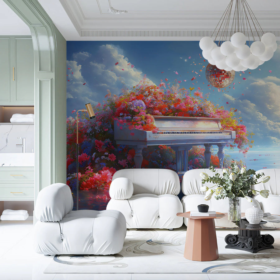 Floral Grand Piano Mural Wallpaper — Whimsical Fantasy Art Mural Wallpaper