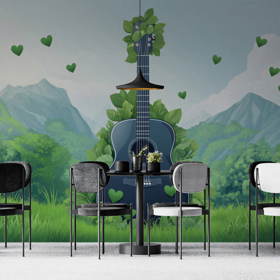 Acoustic Guitar and Botanical Landscape Mural Wallpaper
