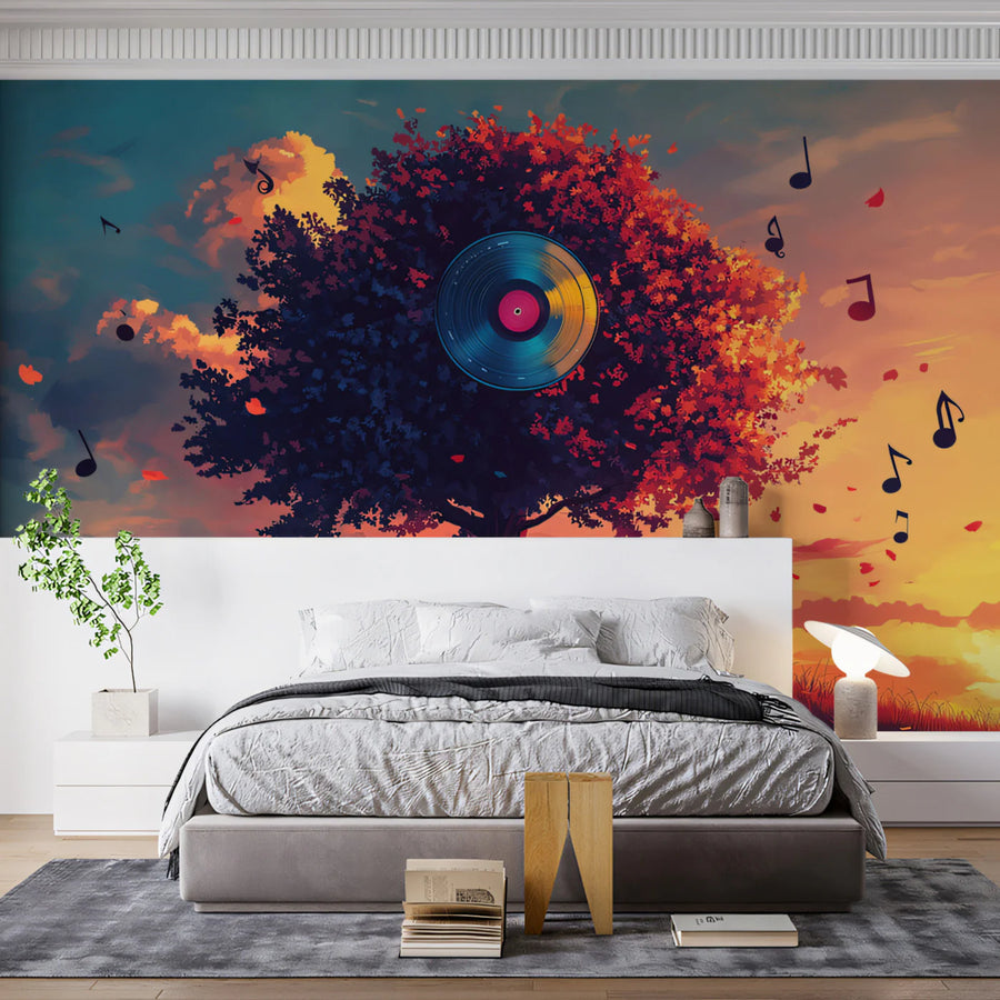 Autumn Melody Tree Mural Wallpaper — Artistic Sunset Scene Mural Wallpaper
