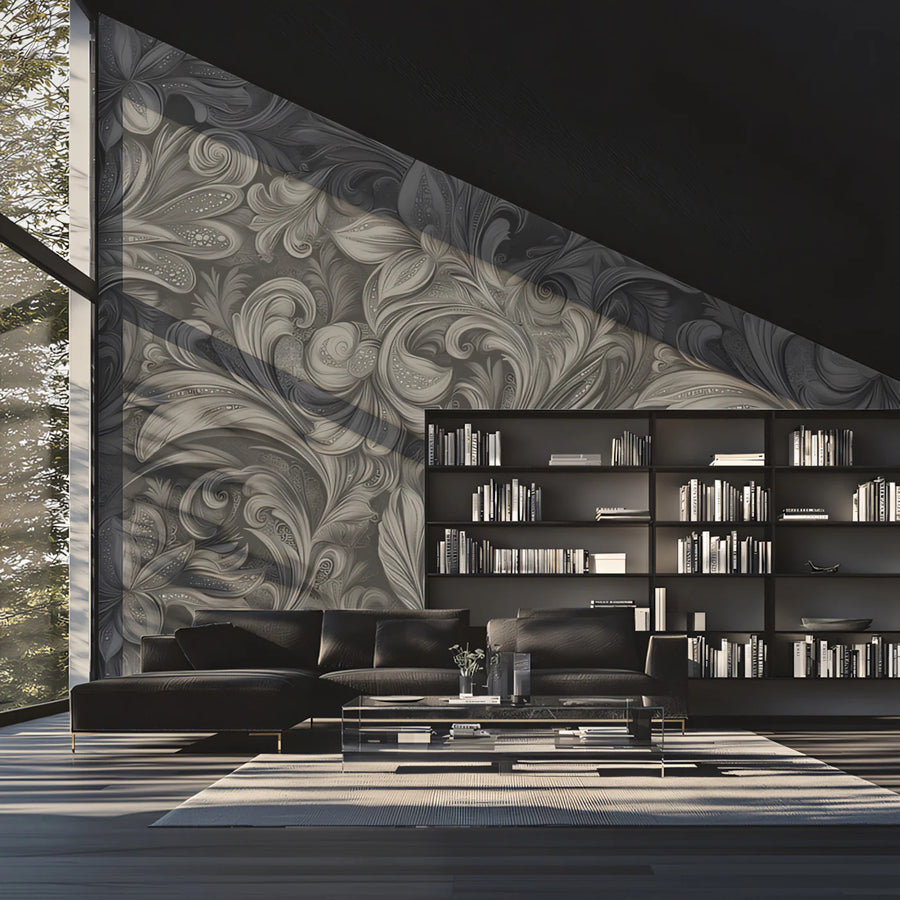Sculpted Greyscale Botanical Mural Wallpaper — Monochromatic Art Mural Wallpaper