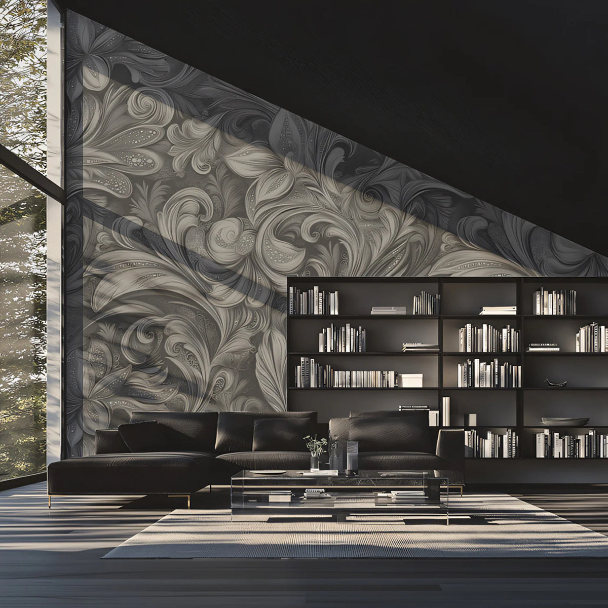 Sculpted Greyscale Botanical Mural Wallpaper — Monochromatic Art Mural Wallpaper - pure wallpaper artwork