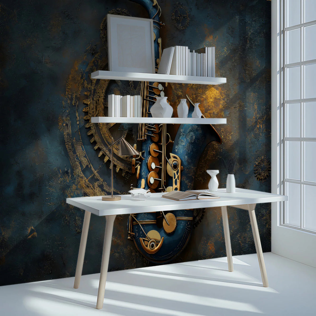 Steampunk Saxophone Mural Wallpaper — Industrial Musical Art Mural Wallpaper - pure wallpaper artwork