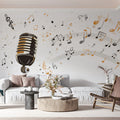 Vintage Microphone & Musical Notes Mural Wallpaper — Artistic Sound Mural Wallpaper - pure wallpaper artwork