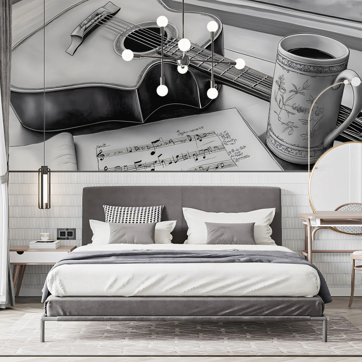Acoustic Guitar and Sheet Music Mural Wallpaper — Monochromatic Art Mural Wallpaper - pure wallpaper artwork