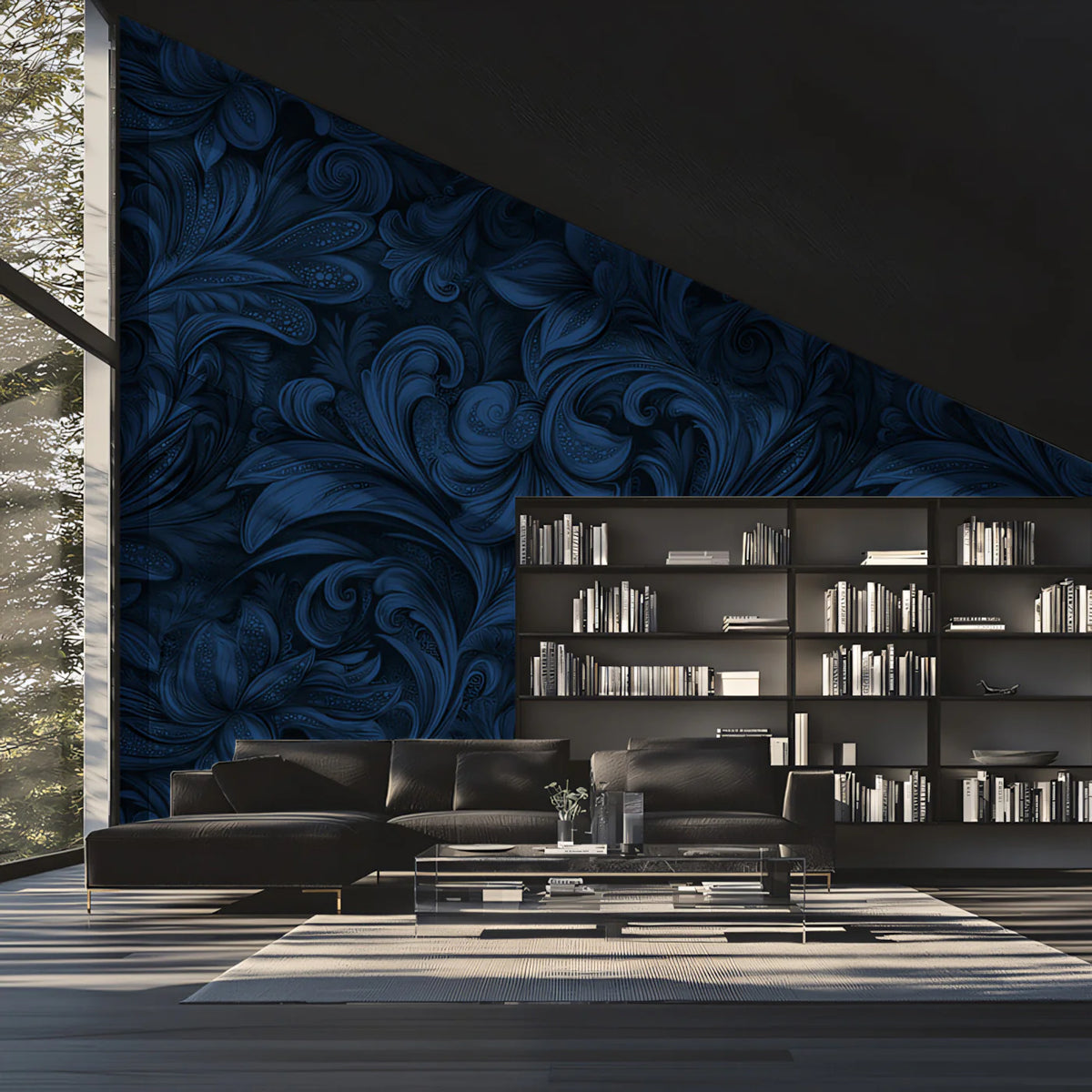 Midnight Navy Damask Mural Wallpaper — Baroque Floral Scroll Mural Wallpaper - pure wallpaper artwork