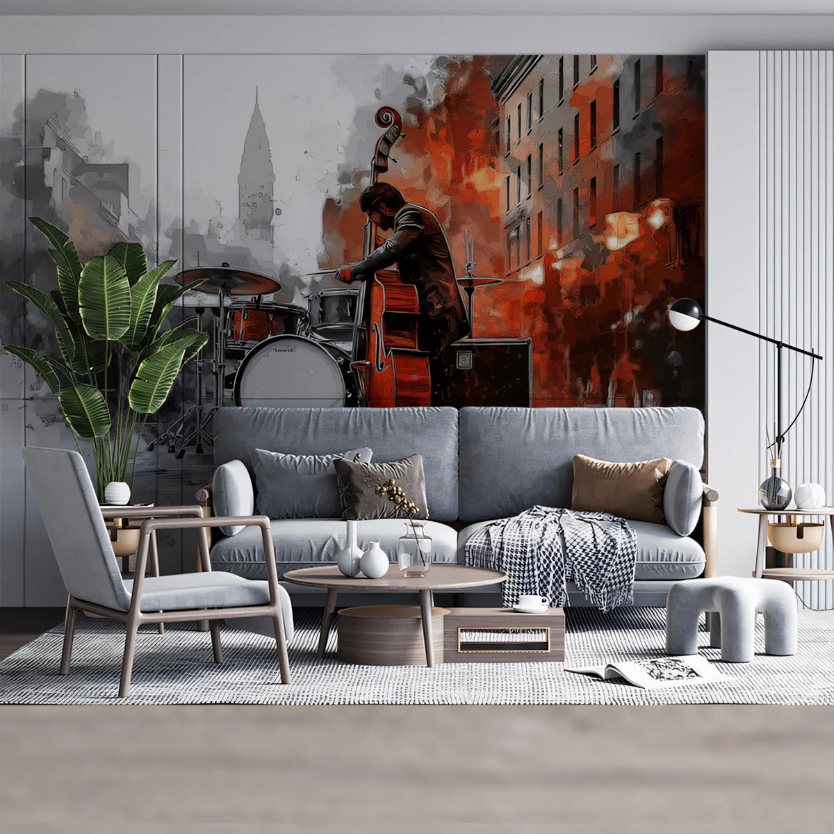 Urban Jazz Performance Mural Wallpaper — Artistic Street Scene Mural Wallpaper - pure wallpaper artwork