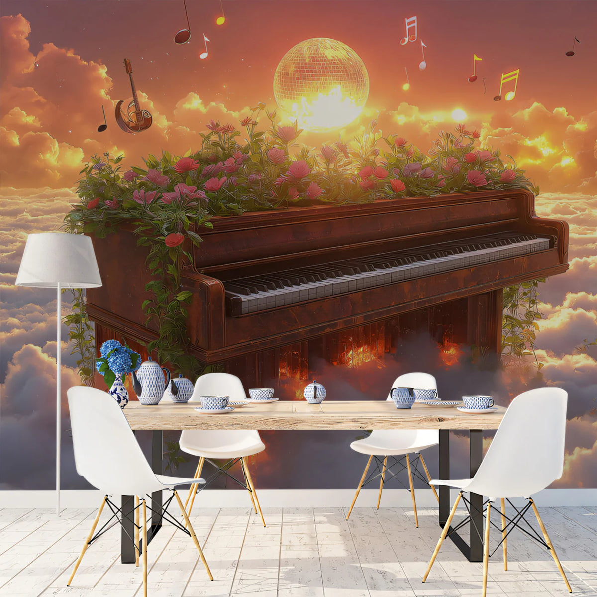 Floating Grand Piano Mural Wallpaper — Ethereal Sunset Scene Mural Wallpaper - pure wallpaper artwork