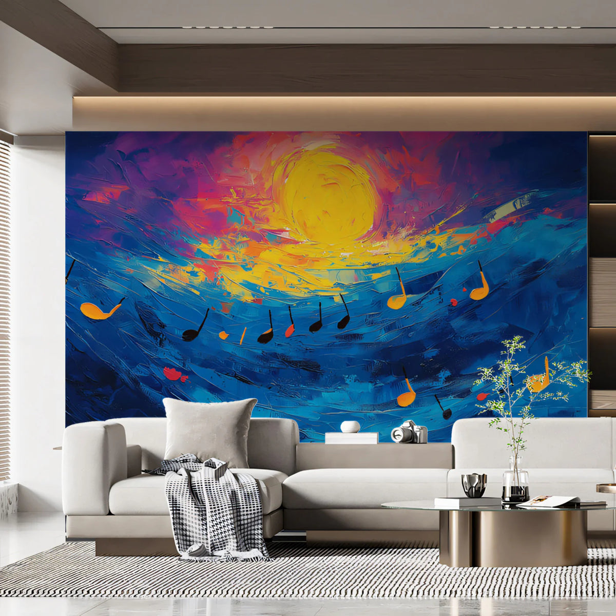 Celestial Symphony Mural Wallpaper — Expressive Sun and Note Motif Mural Wallpaper - pure wallpaper artwork