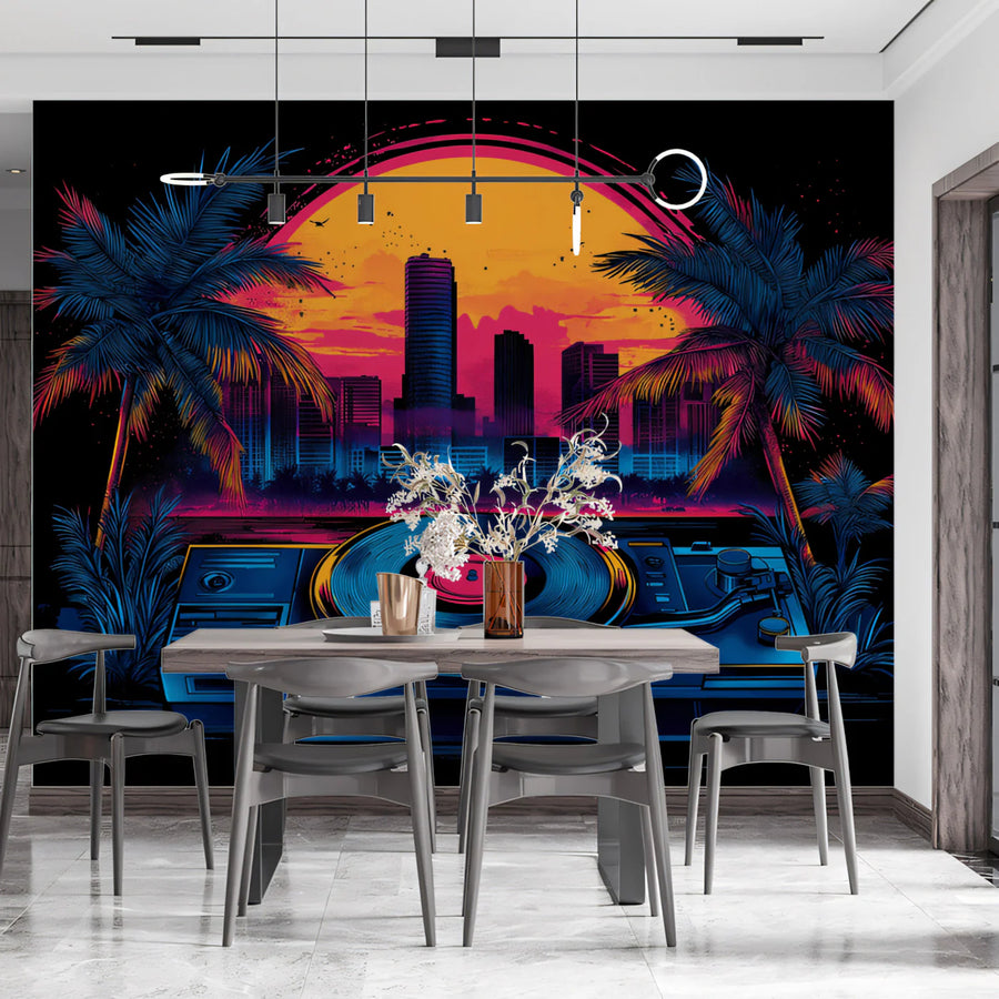 Neon Sunset Turntable Mural Wallpaper — Retro Synthwave Aesthetic Mural Wallpaper