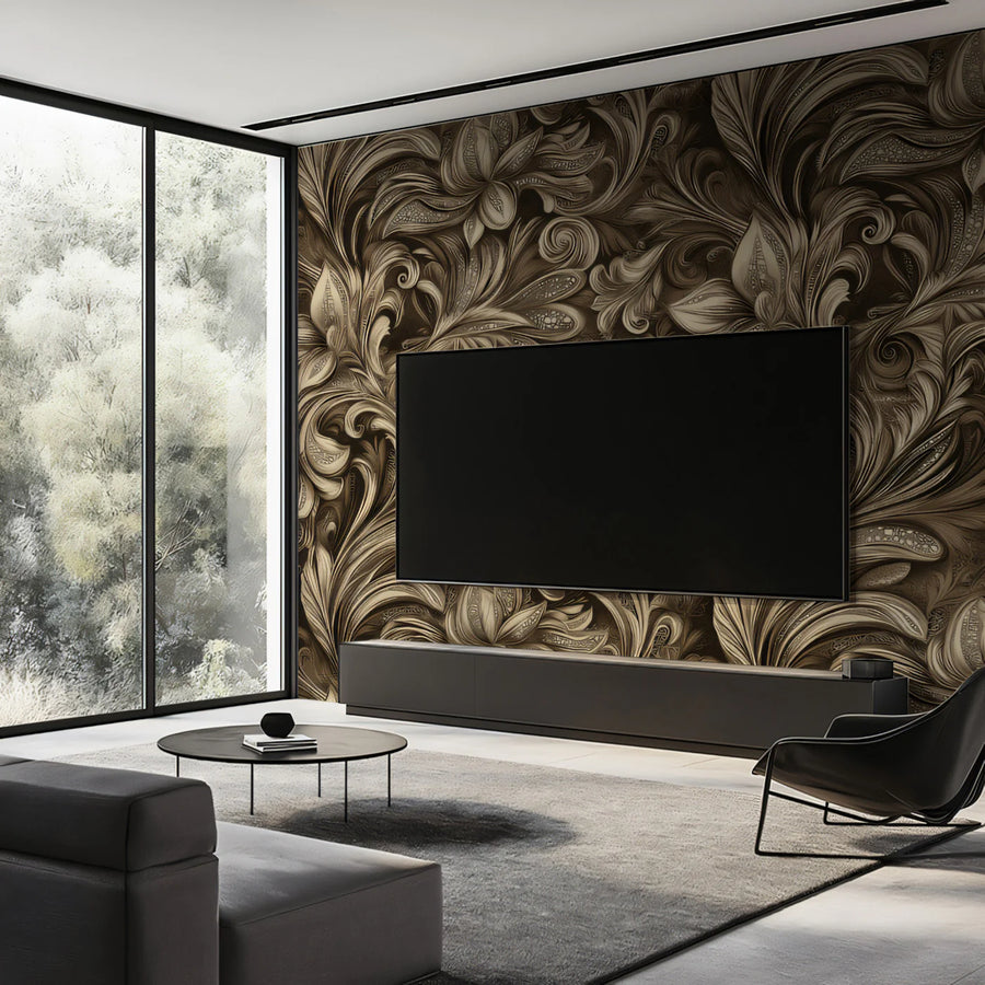 Sepia Engraved Filigree Mural Wallpaper — Vintage Floral Swirls Mural Wallpaper