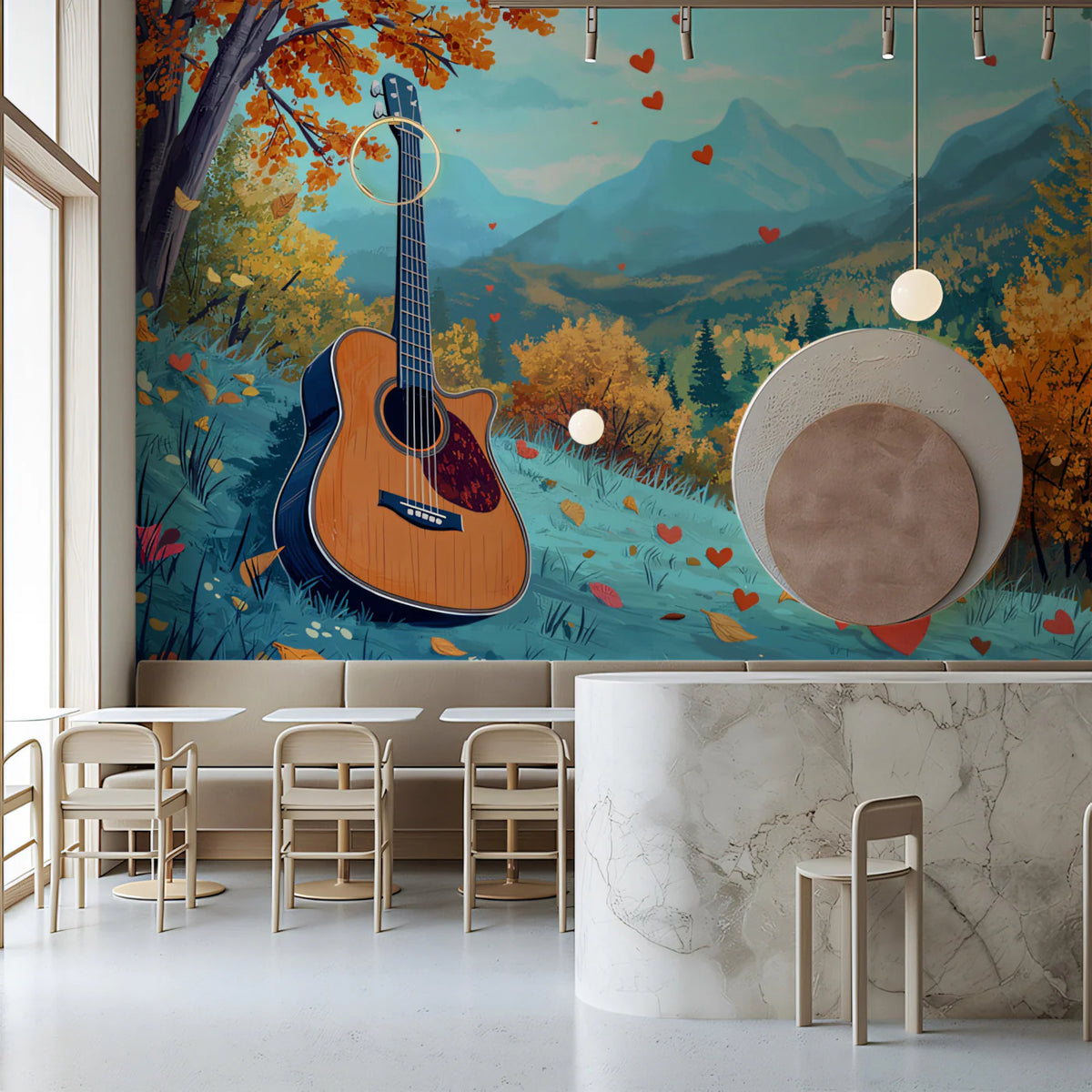 Autumn Acoustic Guitar Mural Wallpaper — Artistic Mountain Scene Mural Wallpaper - pure wallpaper artwork