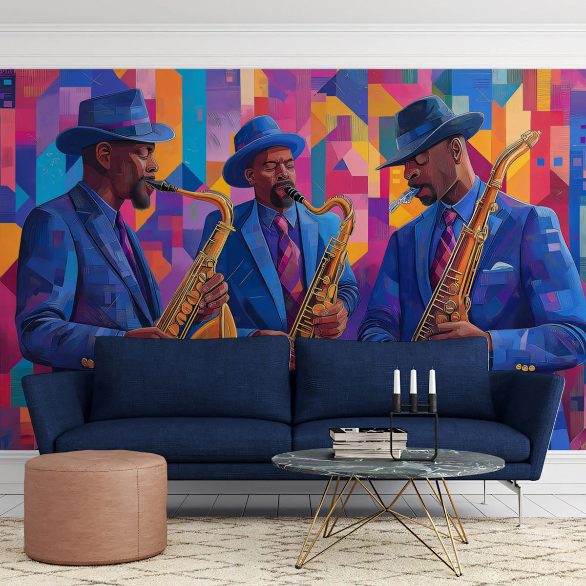 Jazz Trio Abstract Mural Wallpaper — Vibrant Rhythmic Art Mural Wallpaper - pure wallpaper artwork