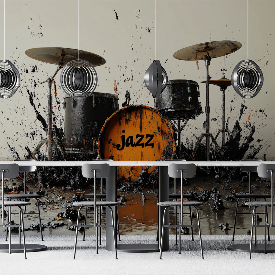 Explosive Jazz Drum Kit Mural Wallpaper — Artistic Musical Theme Mural Wallpaper