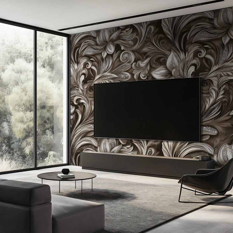 Antique Engraved Baroque Floral Mural Wallpaper — Sepia Heritage Mural Wallpaper