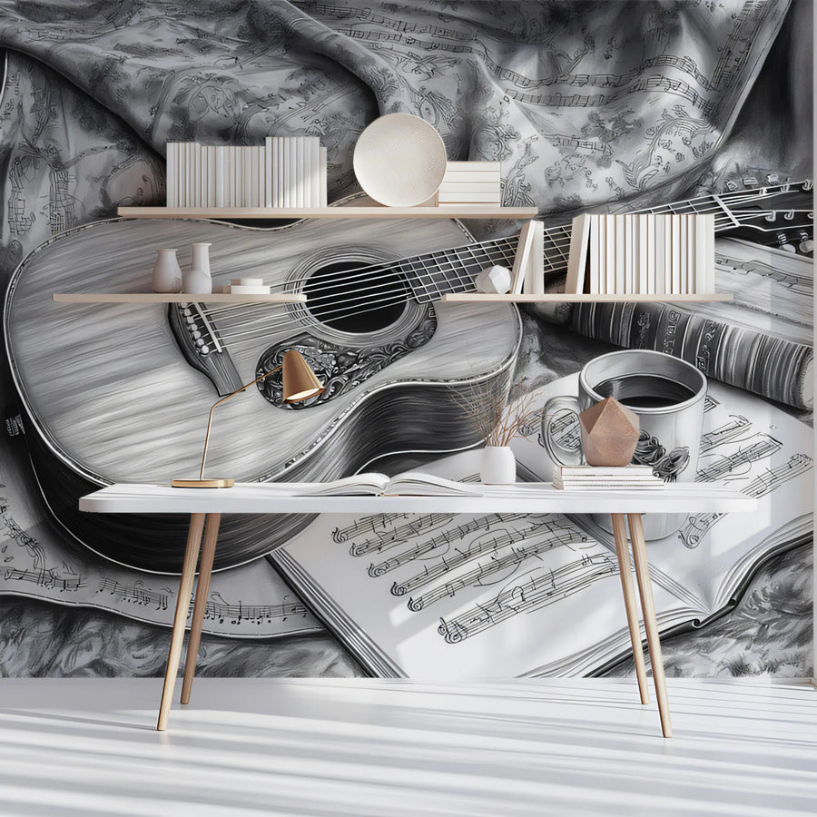 Acoustic Guitar Still Life Mural Wallpaper — Graphite Sketch Art Mural Wallpaper