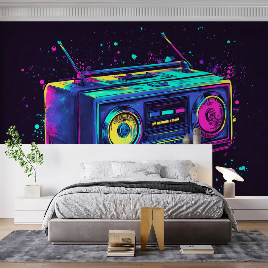 Neon Vaporwave Boombox Mural Wallpaper — Retro Street Art Style Mural Wallpaper