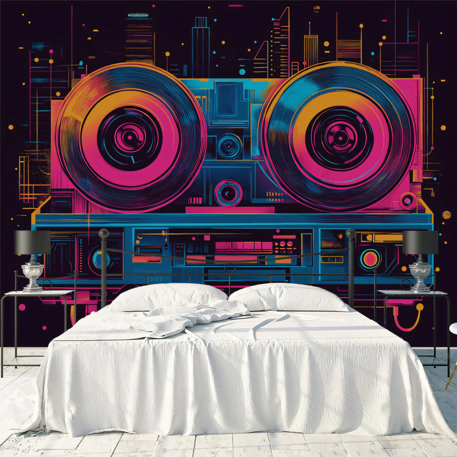 Retro Reel-to-Reel Neon Cityscape Mural Wallpaper