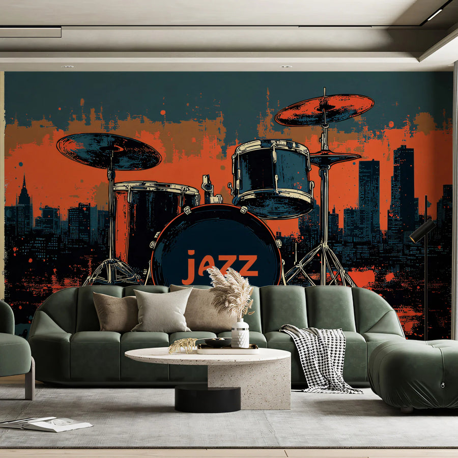 Urban Jazz Drum Kit Mural Wallpaper — Artistic City Beat Mural Wallpaper