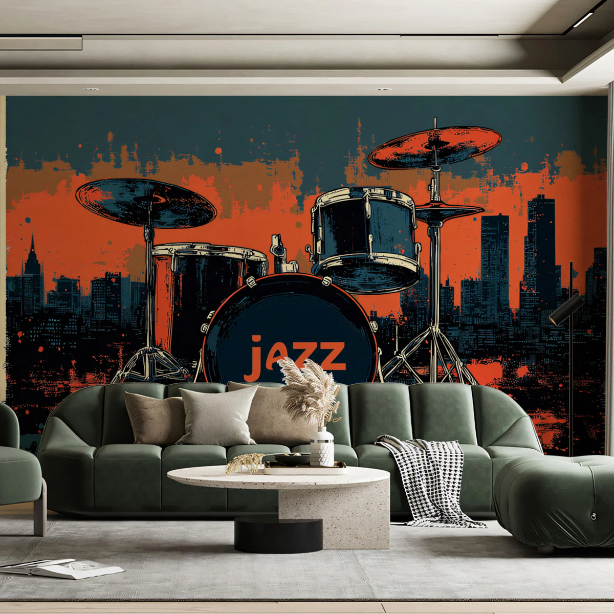Urban Jazz Drum Kit Mural Wallpaper — Artistic City Beat Mural Wallpaper - pure wallpaper artwork
