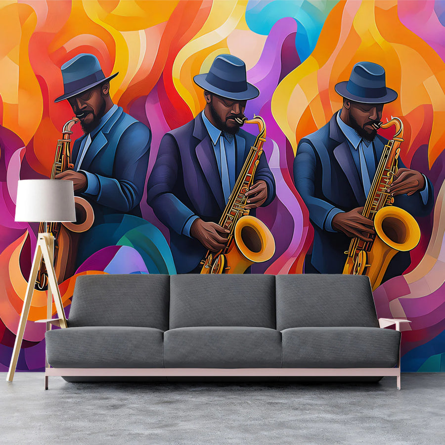 Jazz Musician Abstract Mural Wallpaper — Vibrant Rhapsody Design Mural Wallpaper