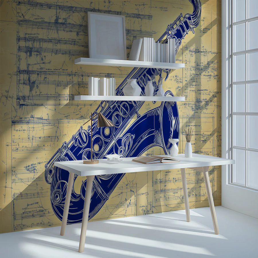 Vintage Saxophone Blueprint Mural Wallpaper — Musical Art Mural Wallpaper