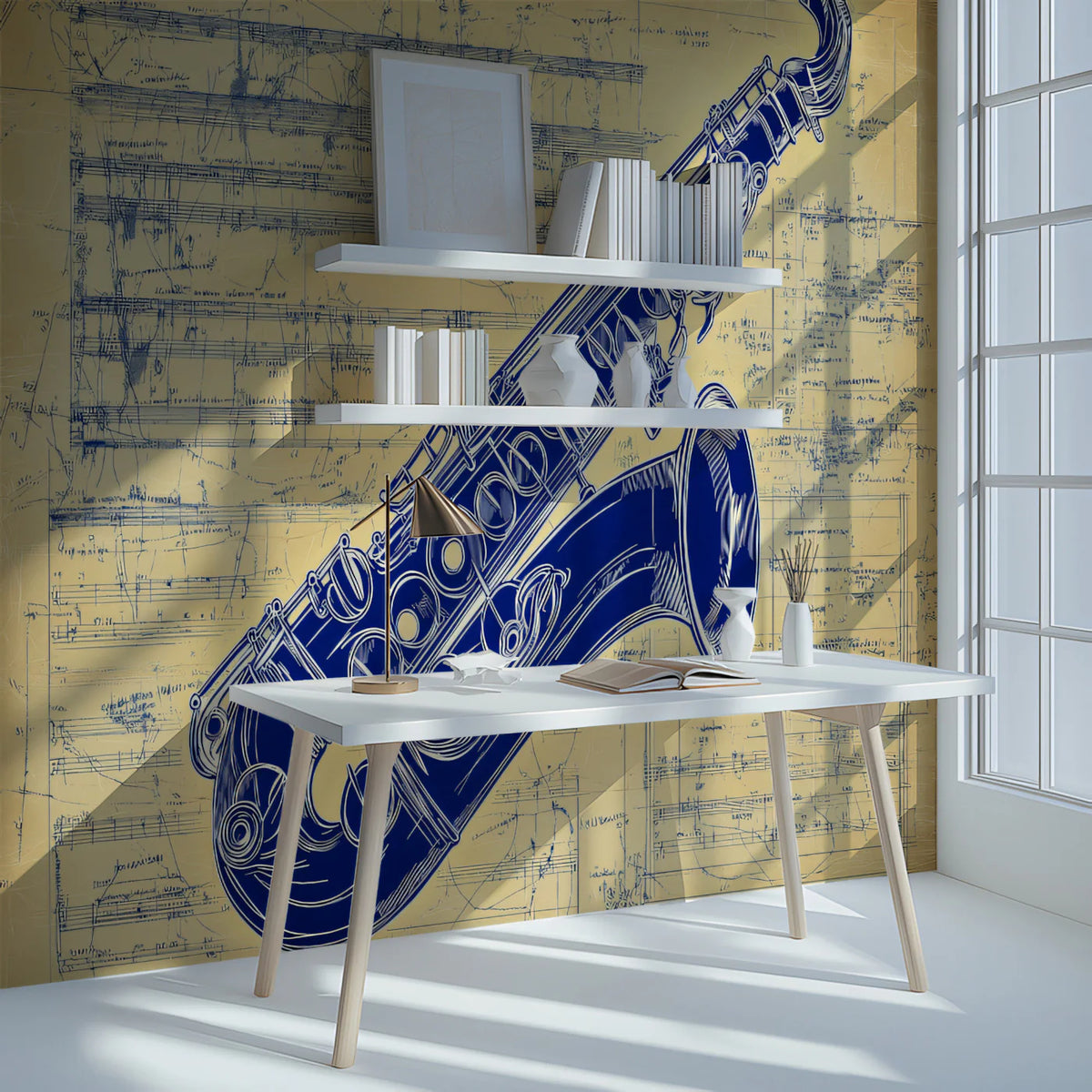 Vintage Saxophone Blueprint Mural Wallpaper — Musical Art Mural Wallpaper - pure wallpaper artwork