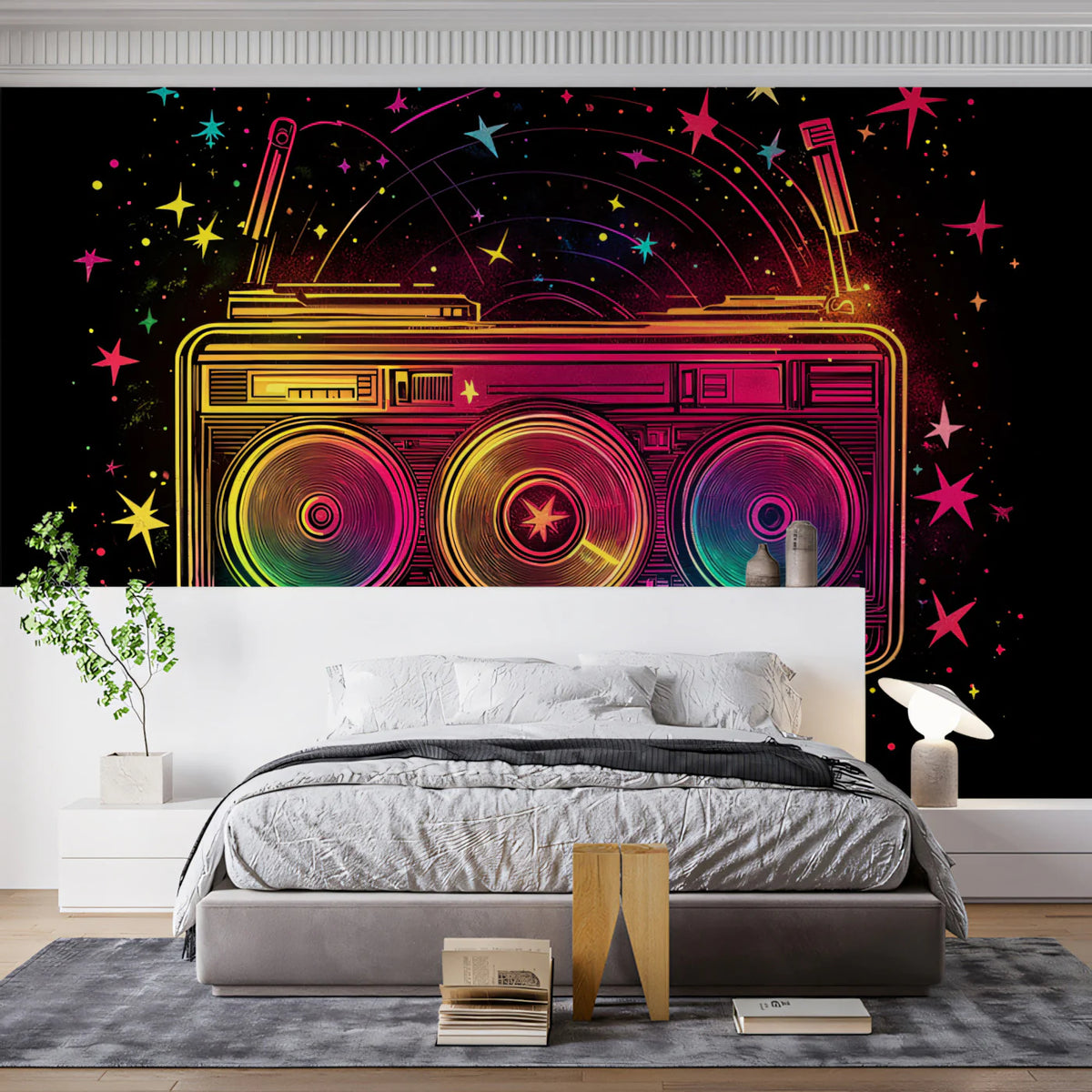 Neon Boombox Cosmic Mural Wallpaper —Retro 80s Style Mural Wallpaper - pure wallpaper artwork