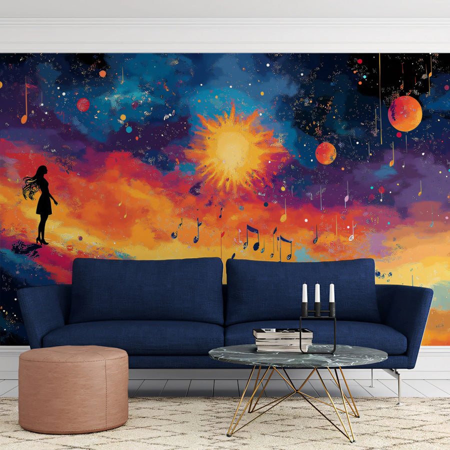 Celestial Melody Mural Wallpaper — Vibrant Cosmic Silhouette Design Mural Wallpaper