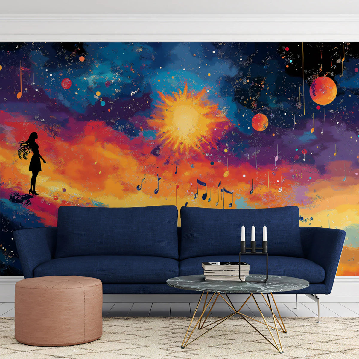 Celestial Melody Mural Wallpaper — Vibrant Cosmic Silhouette Design Mural Wallpaper - pure wallpaper artwork