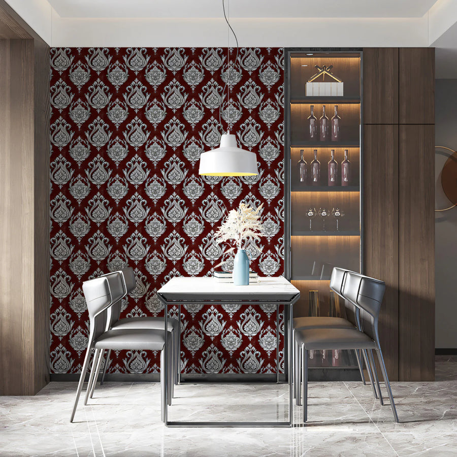 Regal Damask Medallion Mural Wallpaper — Deep Burgundy and Silver Mural Wallpaper